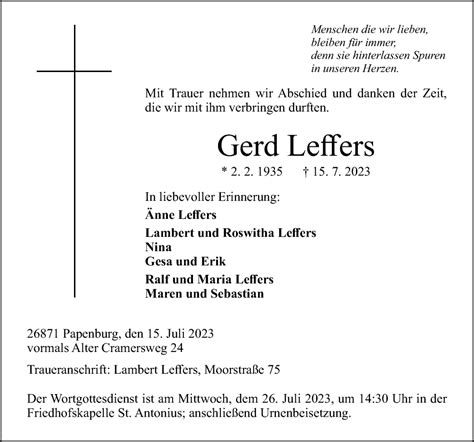 Traueranzeigen Von Gerd Leffers Noz Trauerportal