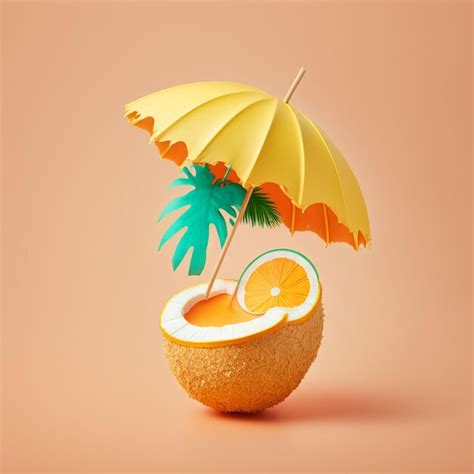 Premium Photo | An orange fruit with a palm tree and a yellow umbrella