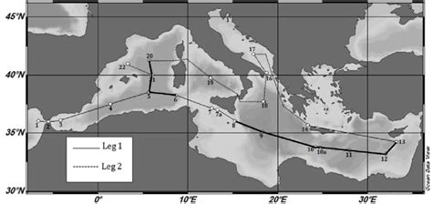 Map of the 2013 MedSeA cruise in the Mediterranean Sea. The numbers... | Download Scientific Diagram