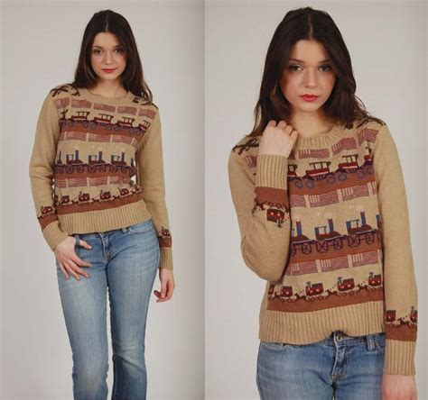 Vintage 70s Sweater AMERICANA Western Trains By LotusvintageNY 38 00