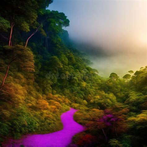 Exotic Foggy Dark Jungle Panorama With Neon Lights Abstract