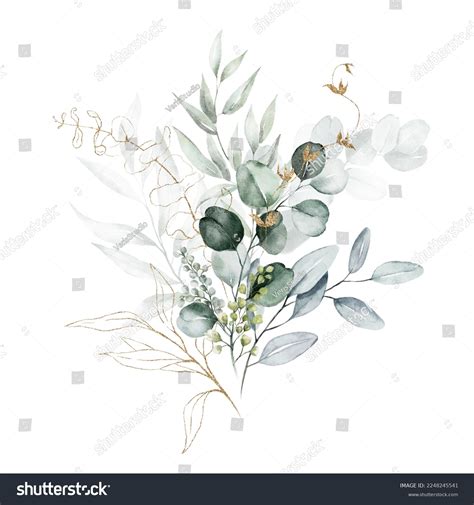 Watercolor Floral Illustration Bouquet Green Gold Stock Illustration