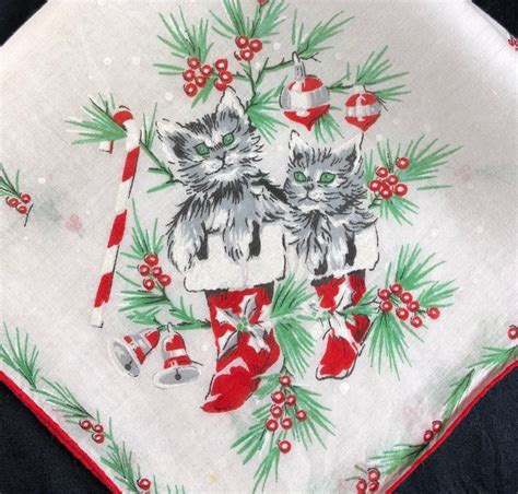 1950s Christmas Cats Novelty Fabric Handkerchief Pocket Square Hanky