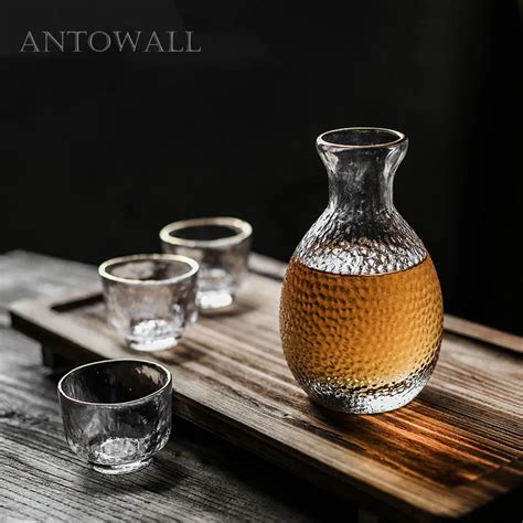 Antowall Japanese Style Glass Hammer Pattern Sake Wine Pot Liquor Cup