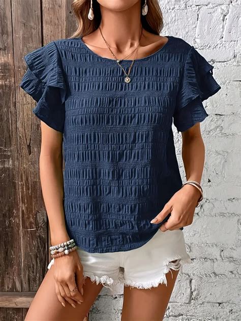 Solid Textured Crew Neck Blouse Elegant Layered Ruffle Trim Temu