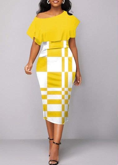 Yellow Asymmetry Geometric Print Short Sleeve Bodycon Dress Modlily