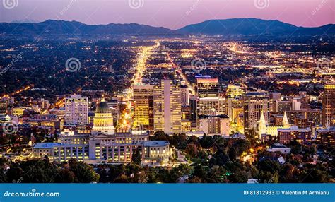Salt Lake City Skyline Utah At Night Stock Image Image Of Urban
