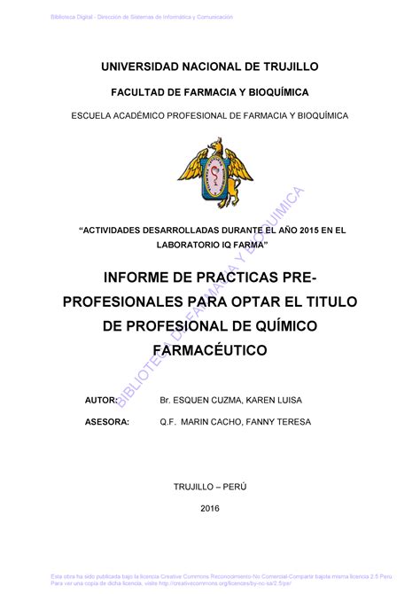 Informe De Practicas En Trujillo Quimica Para Optar Un Titulo