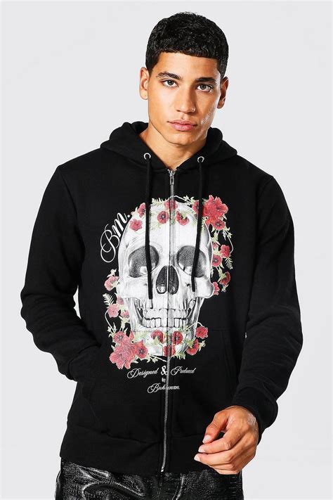 Mens Skull Print Zip Through Hoodie Boohoo Uk