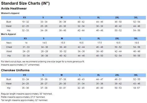 Sizing Chart Avida Healthwear Inc