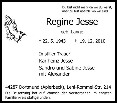 Traueranzeigen Von Regine Jesse Trauer In Nrw De