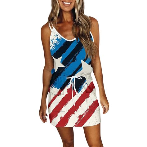 Kddylitq Crew Neck Independence Day Dress For Women Drawstring