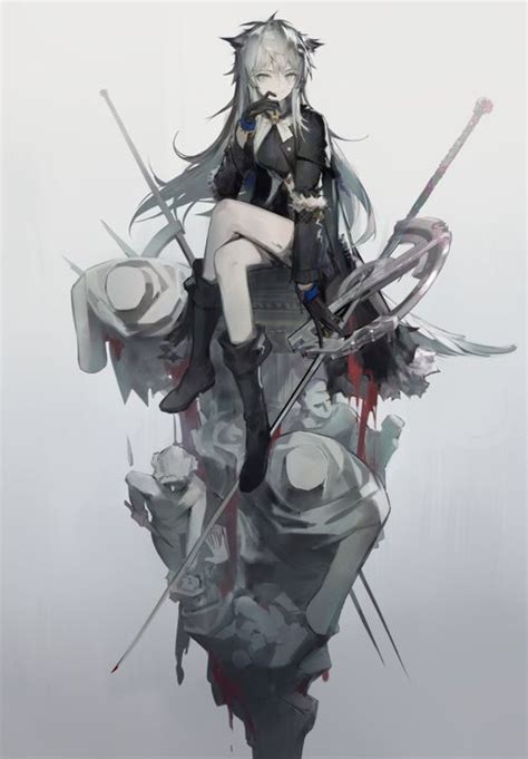 An Anime Character Sitting On Top Of A Pile Of Debris With Swords In