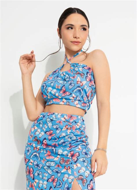 Cropped Borboleta Azul Gota e Amarração Moda Pop