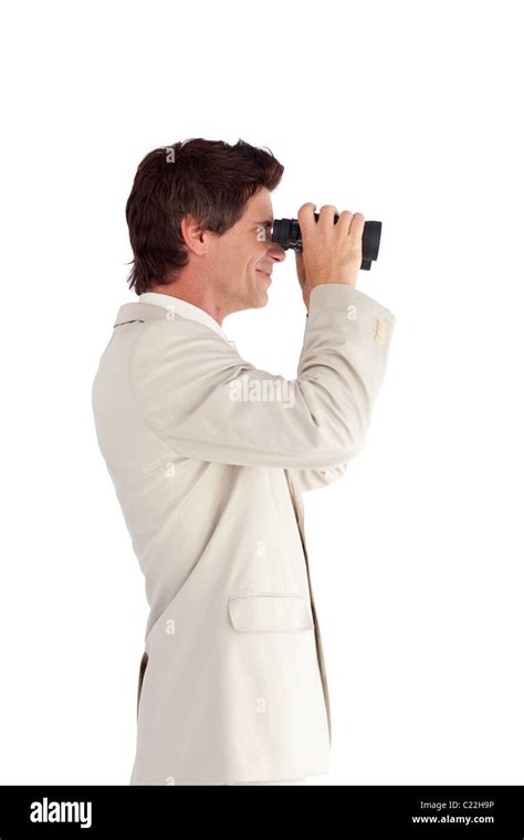 Self Assured Businessman With Binoculars Stock Photo Alamy