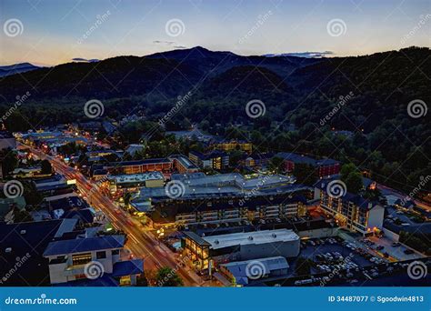 Aerial Night View Of The Main Road Through Gatlinburg Tennessee Stock