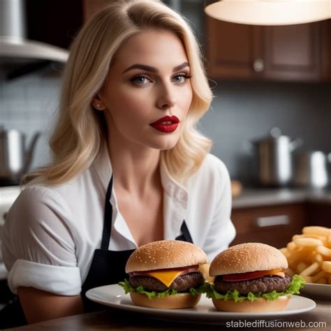The Most Beautiful Blonde Woman With Big Lips In Kitchen Making Burgers Prompts Stable