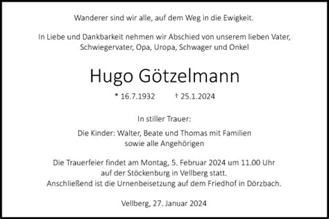 Traueranzeigen Von Hugo G Tzelmann S Dwest Presse Trauer