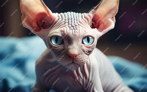 Premium Ai Image A Blue Sphynx Cat With Green Eyes Looks At The Camera