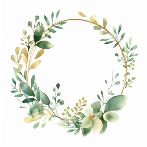 Enchanting Watercolor Greenery Gold Round Frame 2 Delicate Leaves