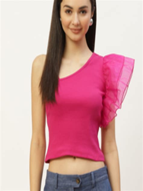 Buy Off Label Fuchsia One Shoulder Ruffles Crop Top Tops For Women