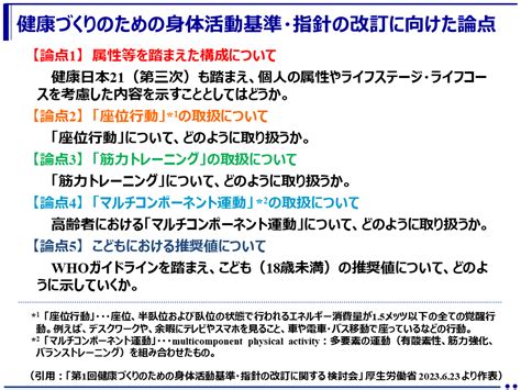 健康づくりのための身体活動基準2013身体活動指針アクティブガイドの改訂スケジュールや論点が明らかに第1回健康づくりのための身体活動