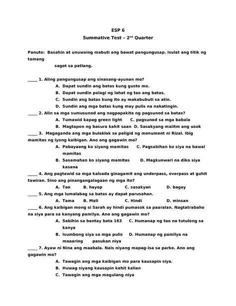 St Esp Q Summative Test Esp Summative Test Nd Quarter