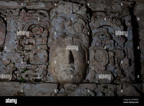 Ancient Mayan Bas Relief Carvings And Sculpture Located On The Palace Building At The Ancient