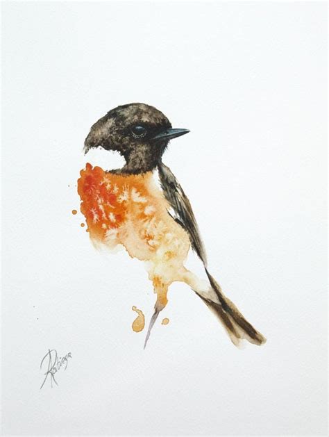 European Stonechat Saxicola Rubicola 2015 Watercolour By Andrzej