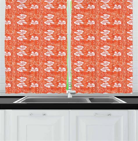 Burnt Orange Curtains 2 Panels Set Hawaiian Hibiscus Pattern With