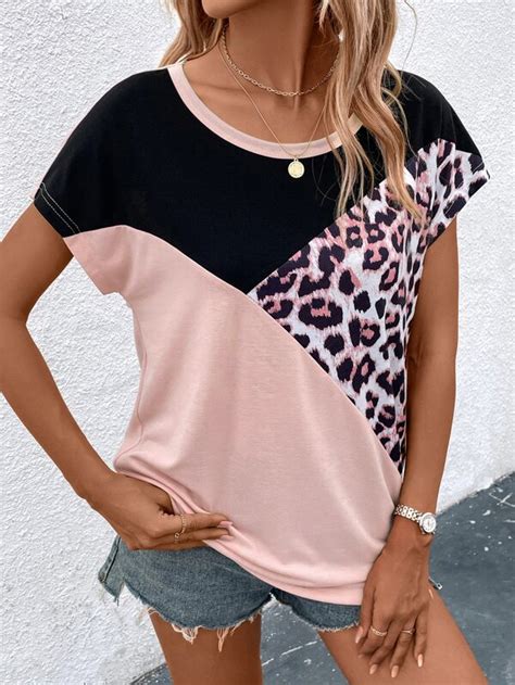 Shein Lune Leopard Print Colorblock Batwing Sleeve Tee Shein Usa