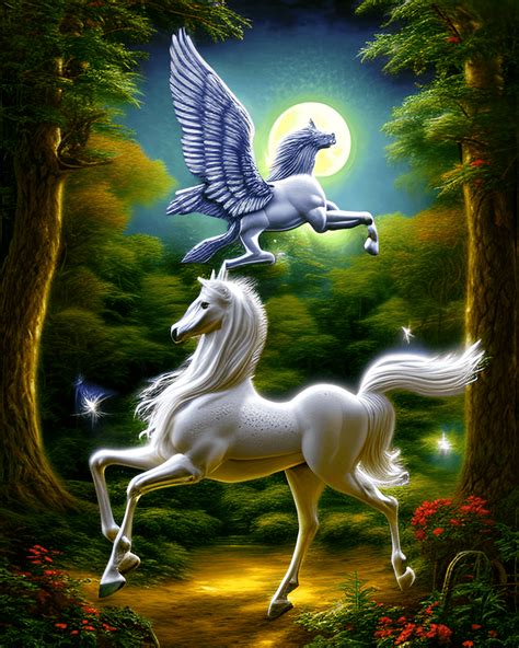 Pegasus And Full Moon In Enchanted Forest · Creative Fabrica