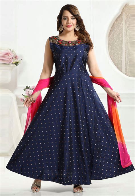 Navy Blue Taffeta Readymade Long Anarkali Suit