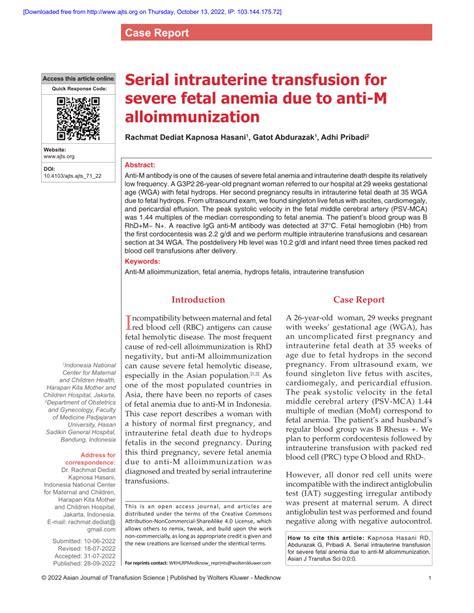 Pdf Serial Intrauterine Transfusion For Severe Fetal Anemia Due To