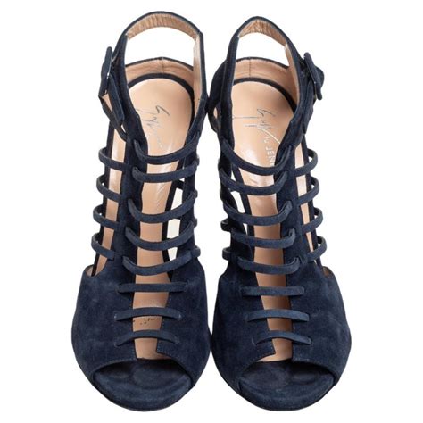 Giuseppe Zanotti Blue Suede Laser Cut Peep Toe Ankle Strap Sandals Size