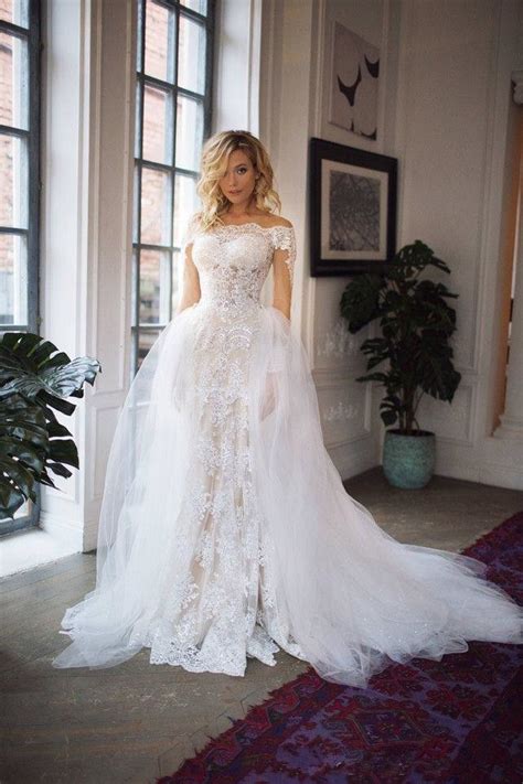 2020 Lace Mermaid Wedding Dresses Detachable Skirt Sheer Long Sleeve