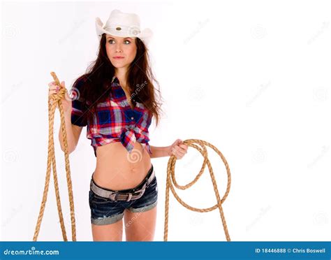 La Cow Girl Retient Le Lasso Photo Stock Image Du Foin Brillamment