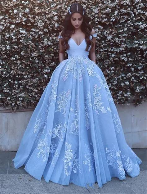 Blue Muslim Evening Dresses 2019 Ball Gown Deep V Neck Tulle Lace