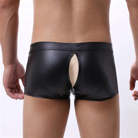 Ropa interior Sexy Gay para hombre bóxer de entrepierna abierta de cintura baja de cuero de