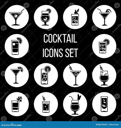 Cocktail Vector Icons Set In Black And White Stock Vector