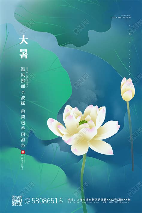 绿色简约荷花插画二十四节气24节气大暑宣传海报图片下载 觅知网