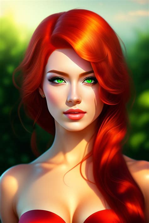 A Woman With Long Red Hair And Green Eyes Is Shown In This Digital