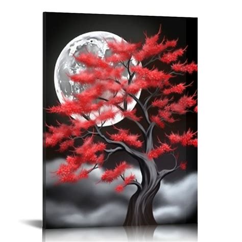 Creowell Black And Red Canvas Wall Art Full Moon Red Flower Tree