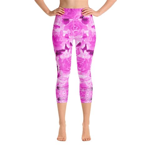 Hot Pink Yoga Capri Leggings Rose Floral Print Womens Soft Capris Tights Made In Usaeu