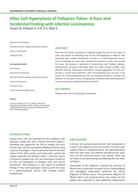 Pdf Hilus Cell Hyperplasia Of Fallopian Tubes A Rare And Incidental