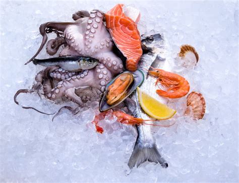 Fresh Seafood On Crushed Ice Stock Photo Image Of Fresh Delicious