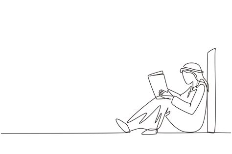 Single Continuous Line Drawing Young Arab Man Sit On Floor Reclined On