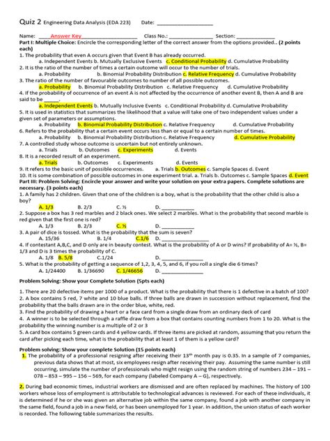 Eda Quiz 2 Answer Key Pdf Probability Probability Distribution