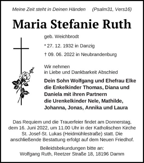 Traueranzeigen Von Maria Stefanie Ruth Trauer Nordkurier