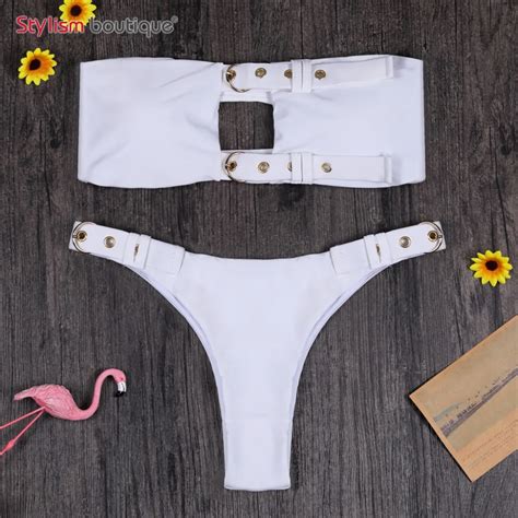 Bandeau White Bikini Bandage Padded Sexy Swimsuit Belt Women Swimwear